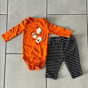 Carters 6 months Orange Halloween Baby Onesie and Striped “BOO” Pants Set